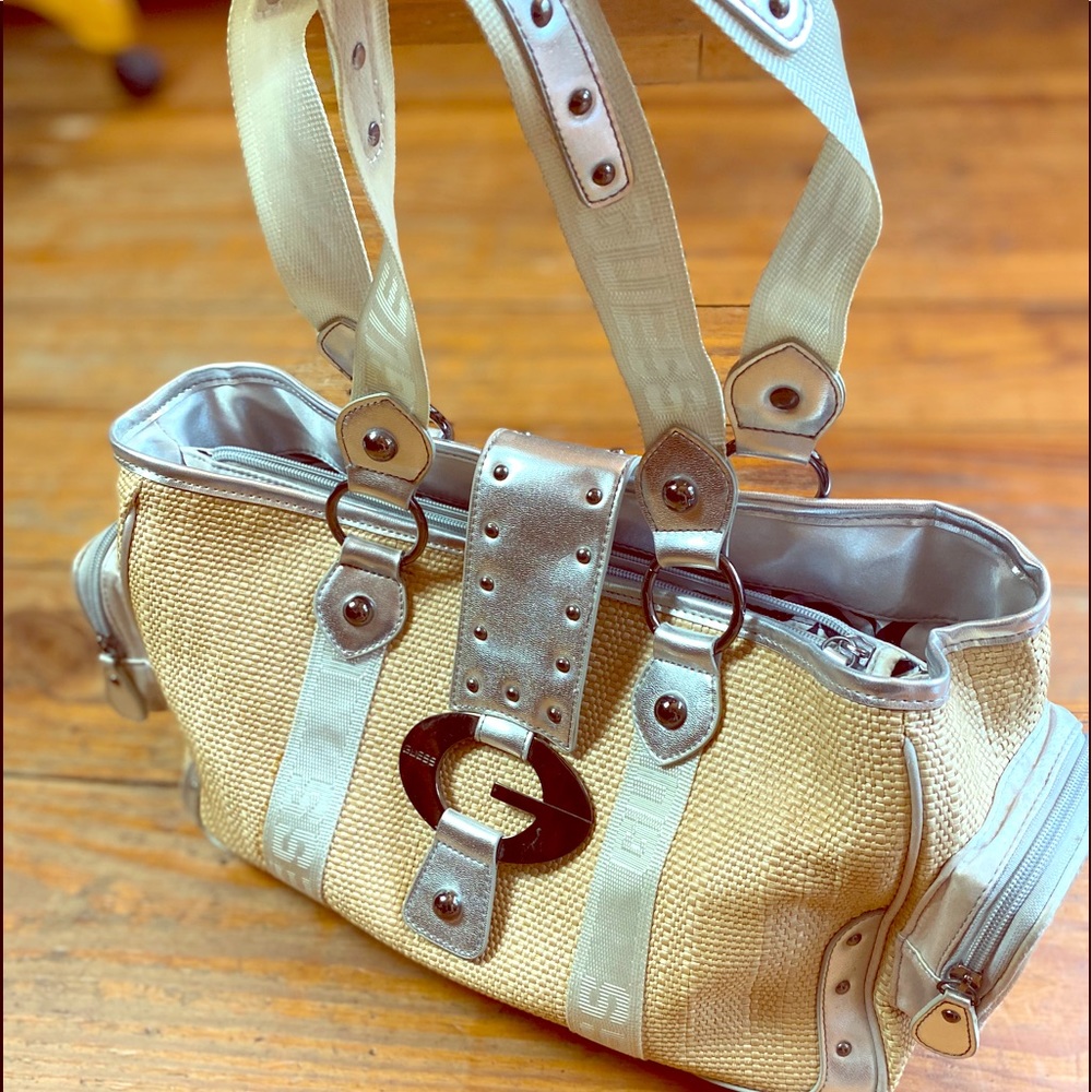 ☀️ Large Guess Straw Satchel Bag with Silver Trim